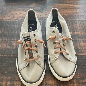 Sperry Gray and Tan Boat Shoes with Moccasin Stitching